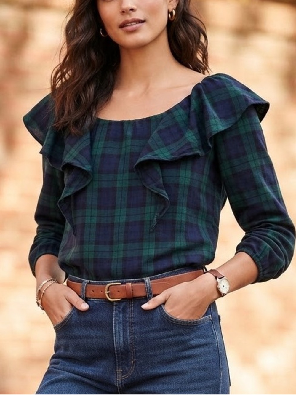J.Crew Green Black Watch Plaid Tartan Ruffle Off-The-Shoulder Long Sleeve Top XL